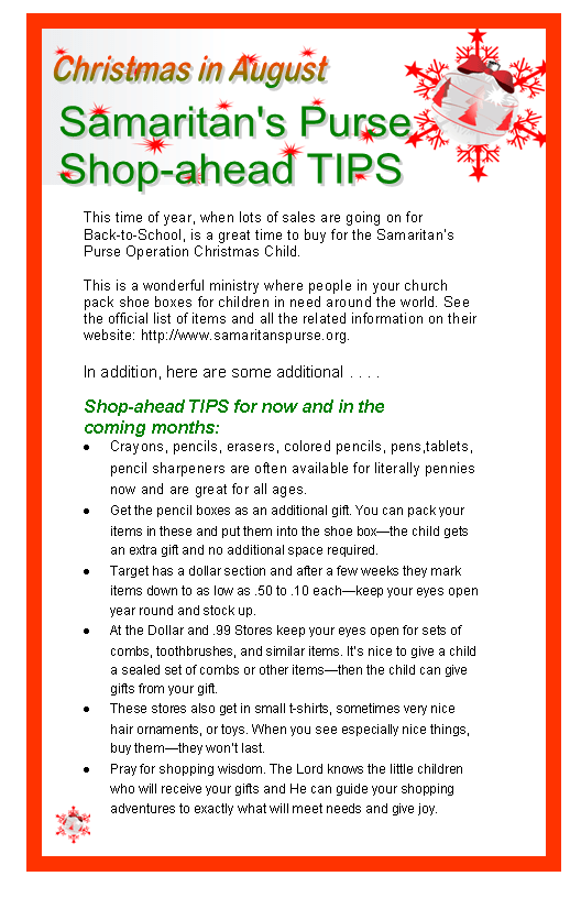 Bulletin Inserts: Shop for Your Christmas Child Boxes during back to ...