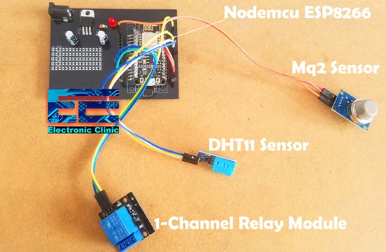 Nodemcu ESP8266 with DHT11, MQ2 Smoke Sensor, 5v Relay, and Blynk