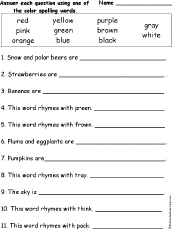 spelling worksheets colors at enchantedlearningcom