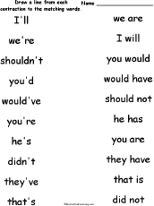 Contraction matching game grammar games, . Contractions Matching Worksheets At Enchantedlearning Com