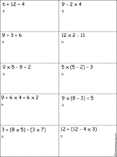 Have the students create and write an expression on each of two sides of each square (in the shaded boxes), simplify each expression, and write each answer on the matching side of the adjacent square. Order Of Operations Worksheet 3 Printout Enchantedlearning Com