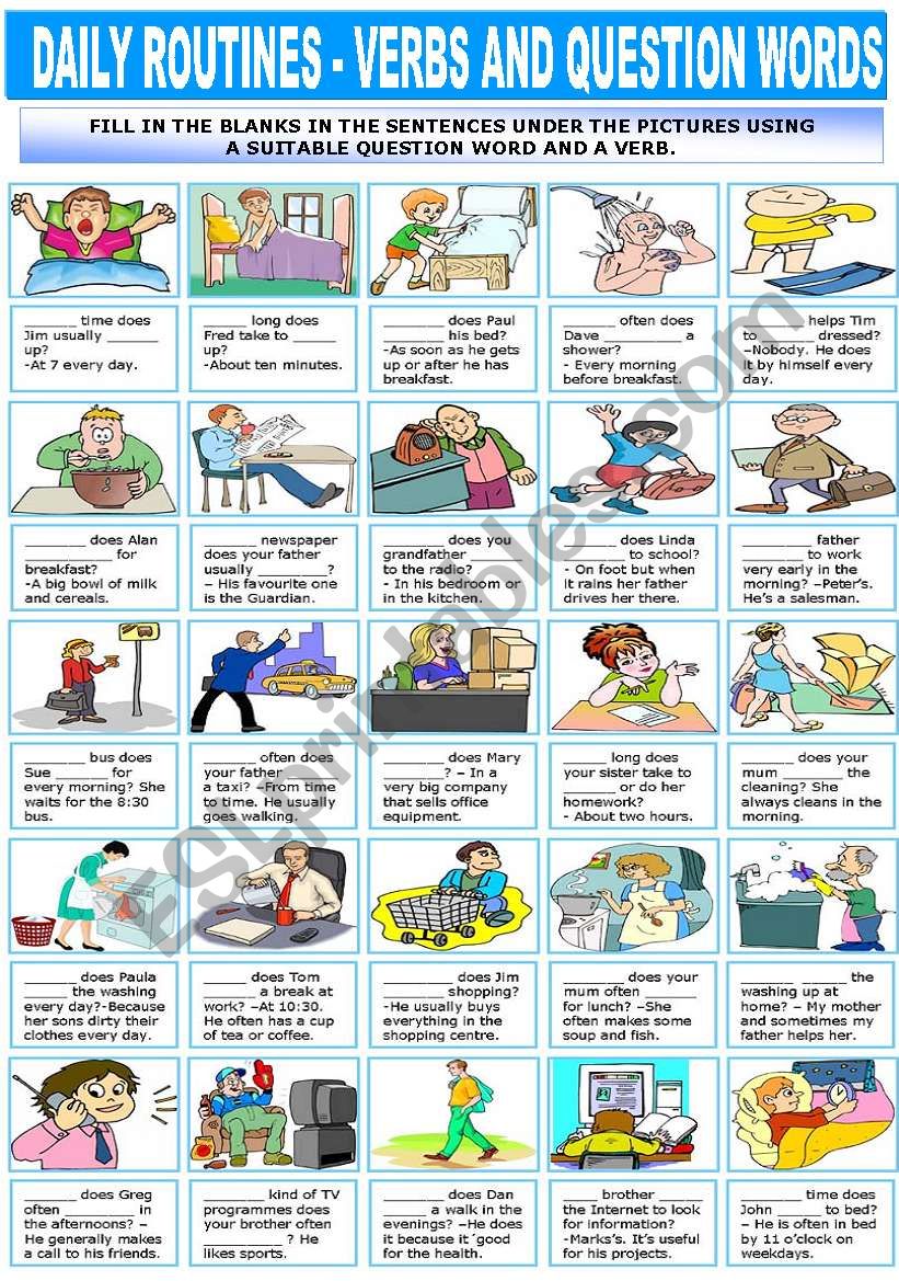 daily routines verbs and question words esl worksheet by katiana