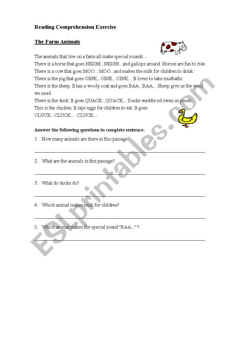 english worksheets farm animals reading comprehension