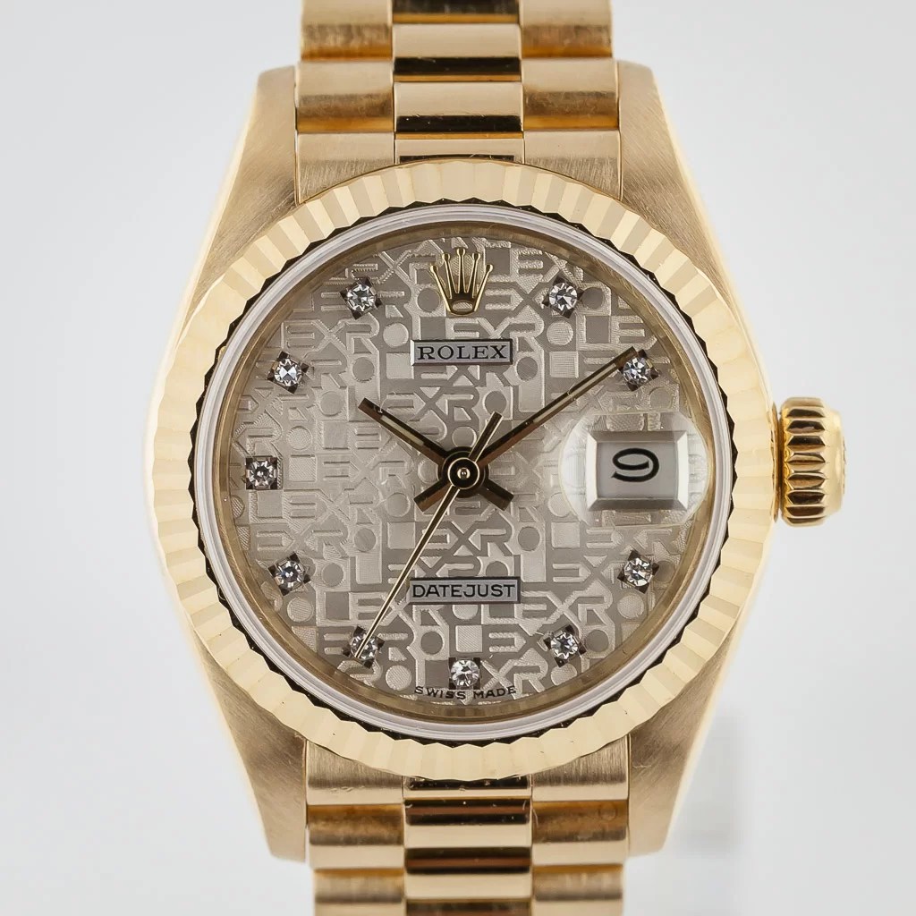 Rolex President Datejust 26 Ref 69178 Ladies 18k Yellow Gold Anniversary Jubilee Dia Dial 1988 Estates Consignments Rolex President Datejust 26 Ref 69178 Ladies 18k Yellow Gold Anniversary Jubilee Dia Dial 1988