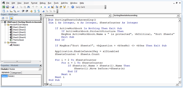 sorting sheets in ascending order through vba in microsoft excel 2010