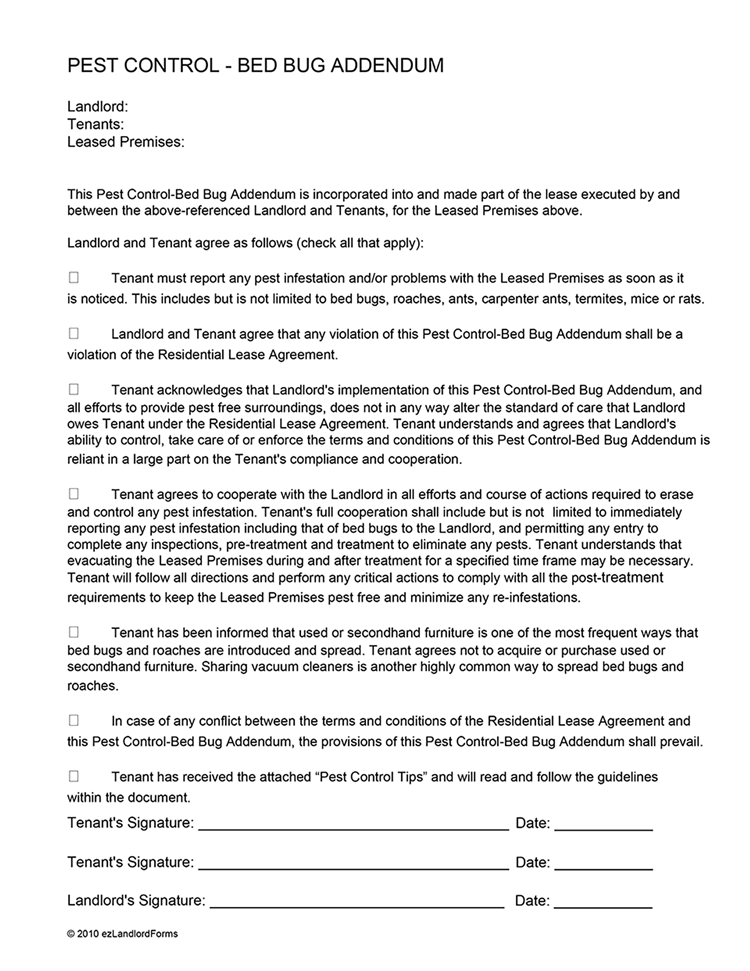 Whether you're trekking through the backwoods or stepping out in the backyard, you need protection against insects and bugs. Pest Control - Bed Bug Addendum | EZ Landlord Forms