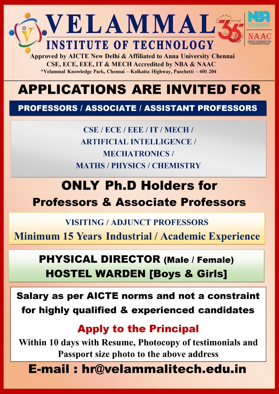 Showing jobs for 'biotechnology, chennai' modify. Faculty Recruitment 2021 At Velammal Institute Of Technology Chennai Facultyplus