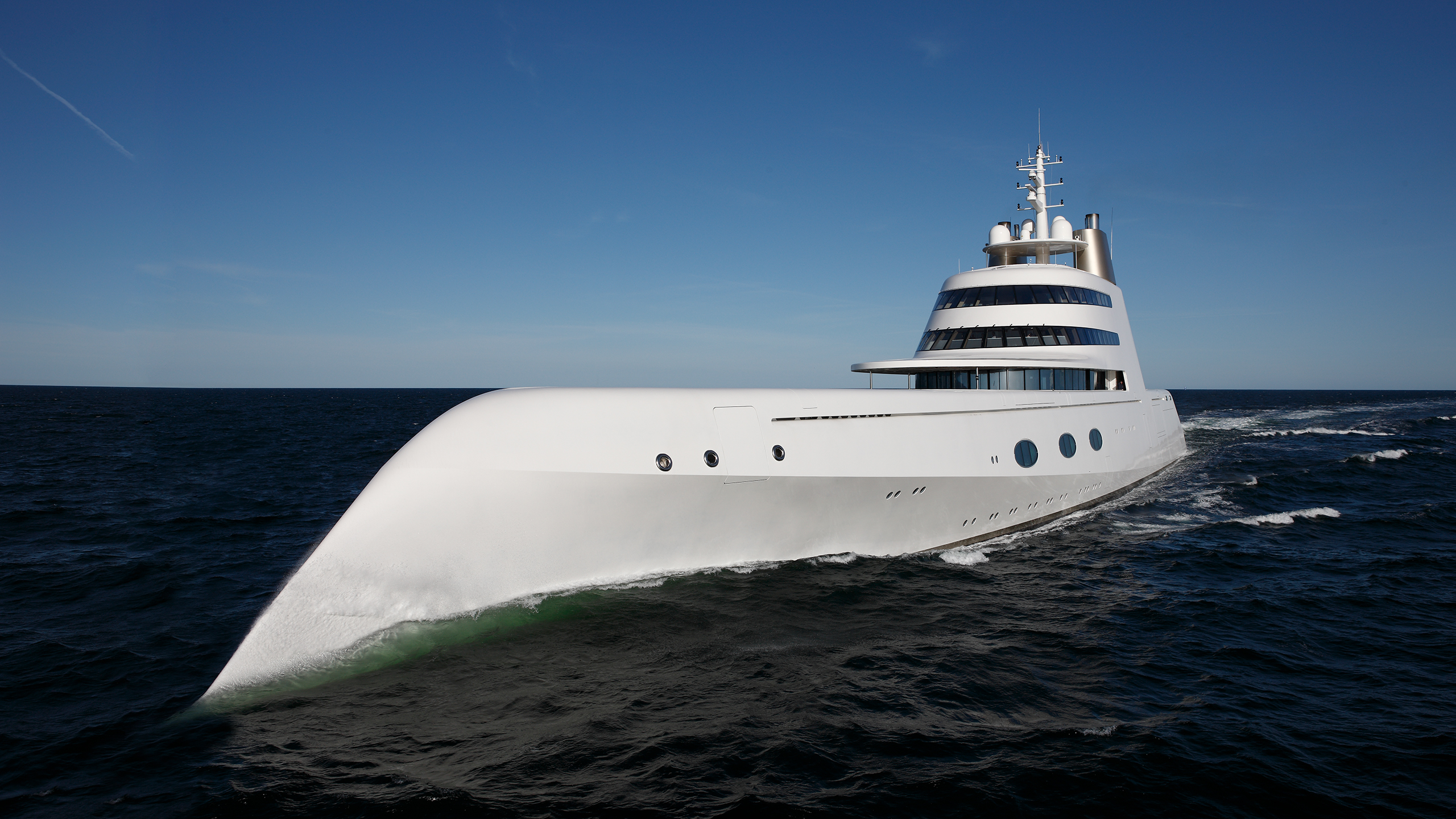 Top view from drone of yacht. On Board Motor Yacht A With Philippe Starck