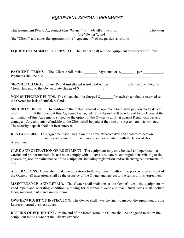 equipment rental agreement form free printable legal forms