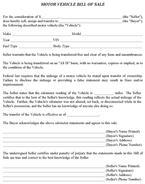 free bill of sale for motor vehicle template pdf word free printable legal forms