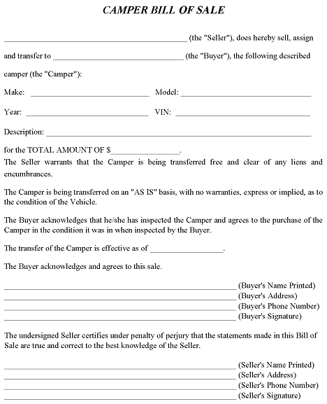 free camper bill of sale forms for all 50 states download print