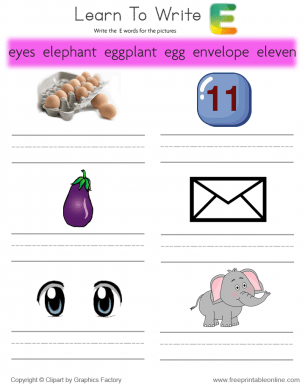 learn to write words that start with e