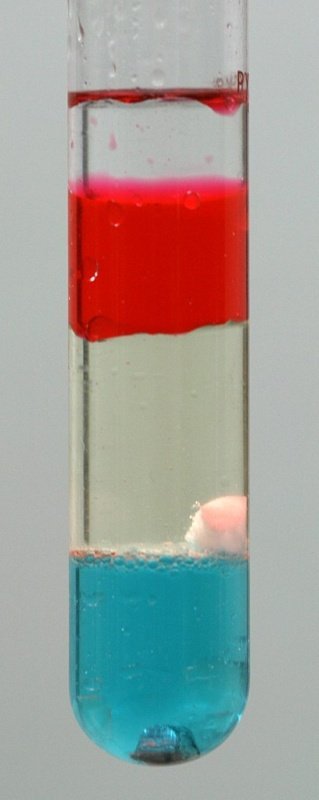 A density column containing some common liquids and solids