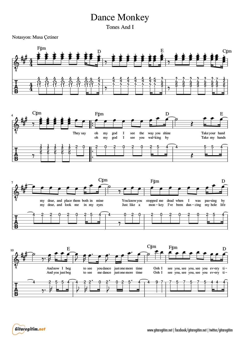 Am atau bm intro : Dance Monkey - Gitar - Nota - Tab | GitareÄitim.net