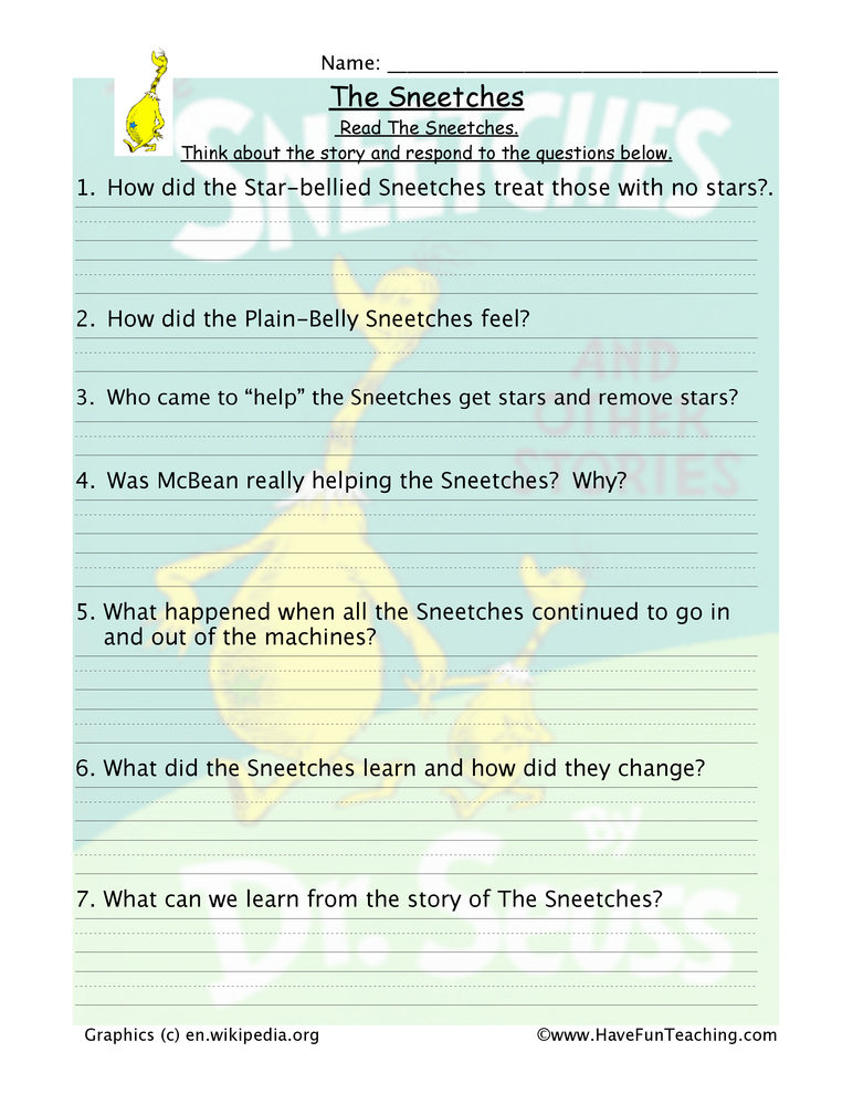 sneetches reading comprehension worksheet have fun teaching