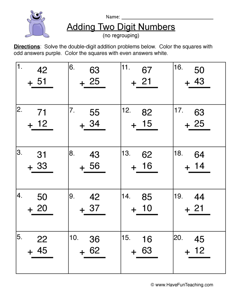 double digit adding without regrouping worksheet have