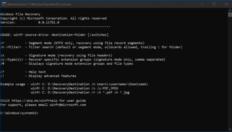 Windows File Recovery command line