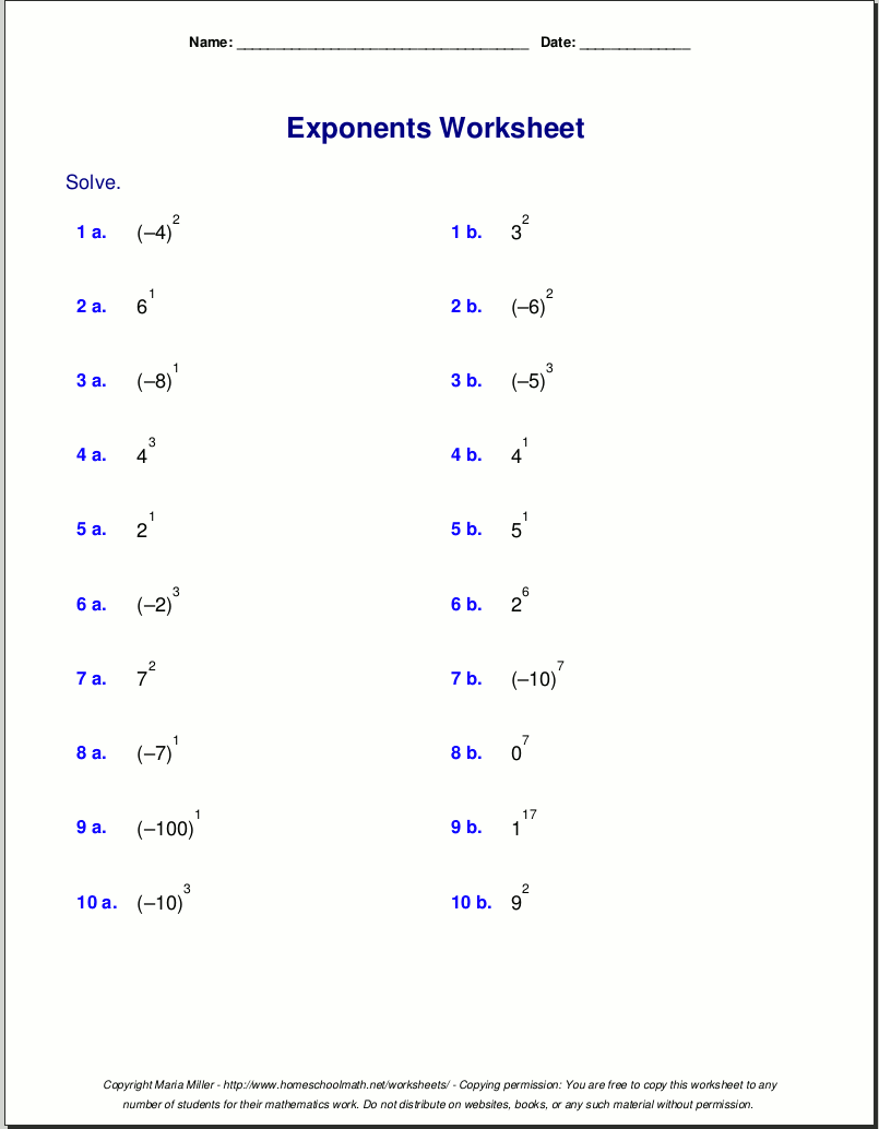 free exponents worksheets