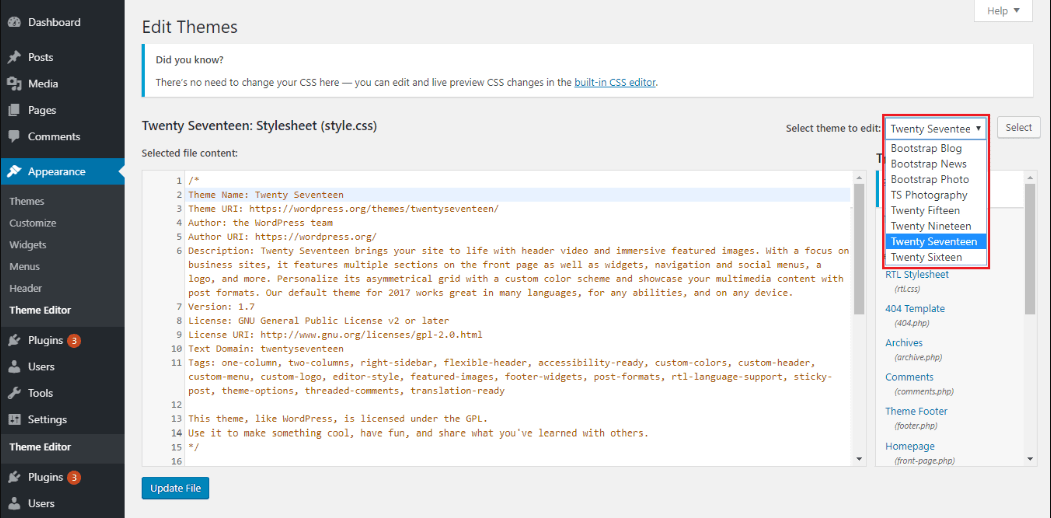 Remember that when you edit a theme file in wordpress theme editor, you are editing the real file on the server. Wordpress Theme Editor A Beginner S Guide Hostinger Tutorials