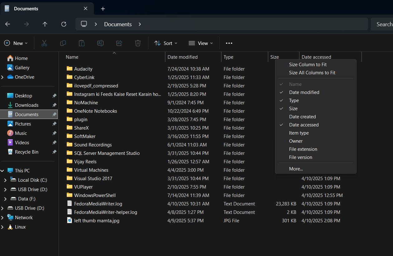Select Header of the File Explorer folder