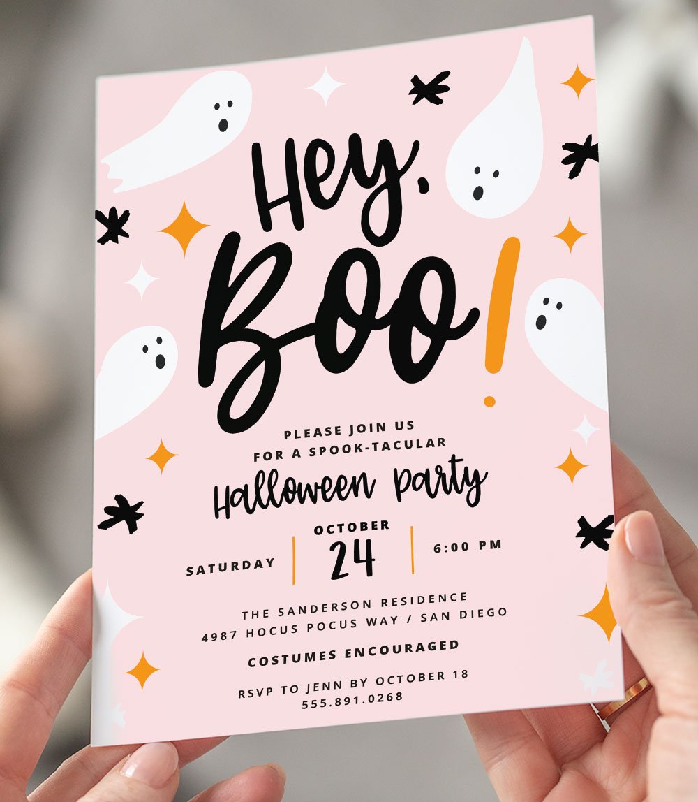 Costumes and cocktails halloween party invite printable,adult halloween invitation digital download, editable halloween party canva template. Hey Boo Halloween Party Invitation Hostess With The Mostess