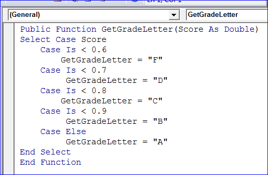 In this example, the scores in column f are lookup values for the vlookup function. Calculate Letter Grade Function Using Vba Ms Excel Iaccessworld Com