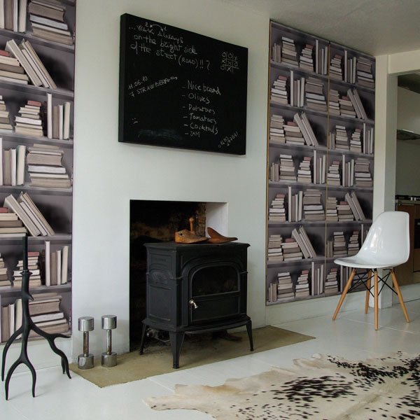 Download the perfect modern farmhouse pictures. Fake Bookshelf Wallpaper | iDesignArch | Interior Design