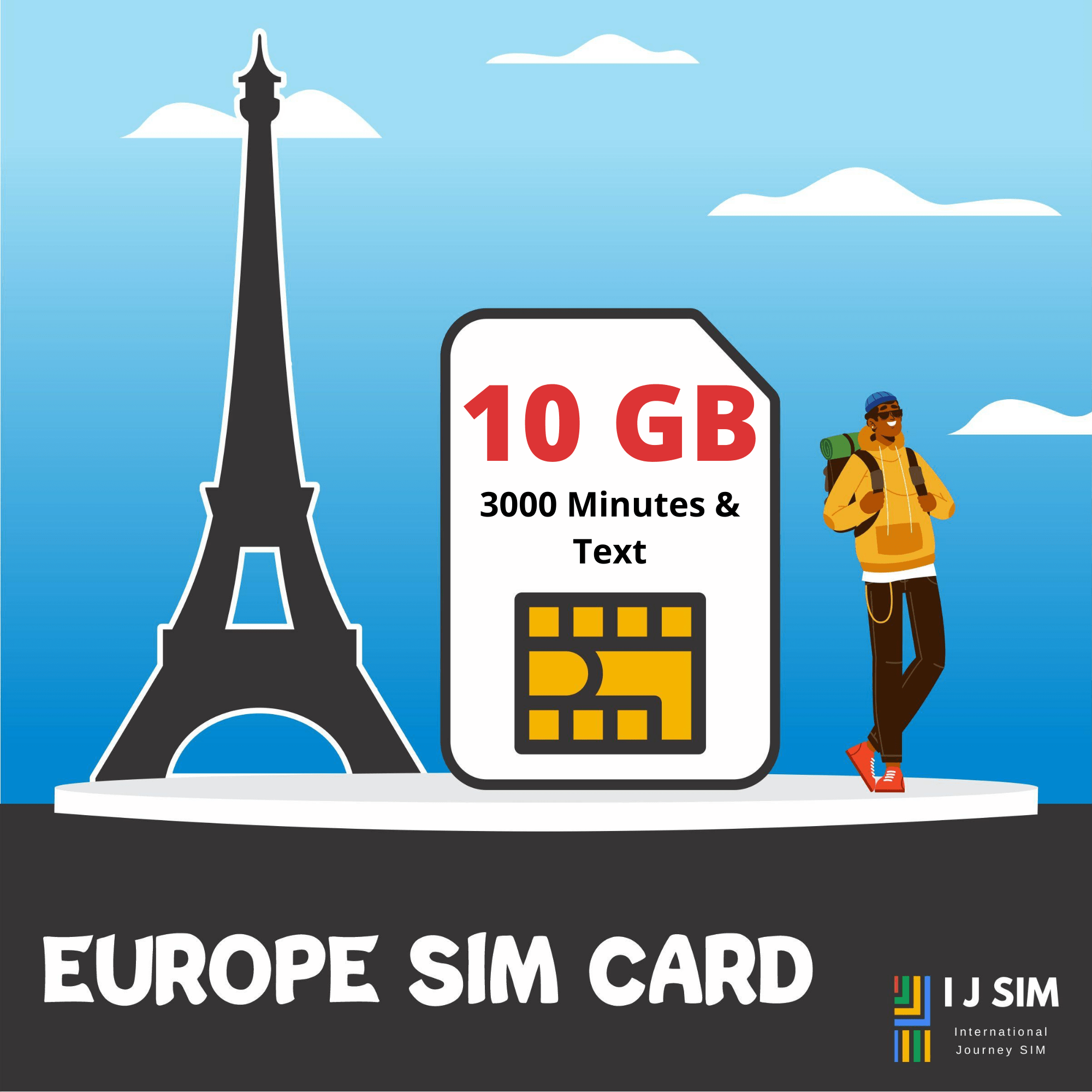 EUROPE 10 GB data, 3000 minutes and text for 30 days SIM Card