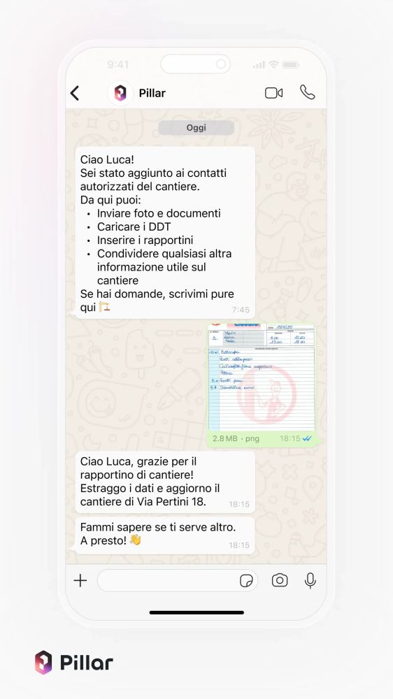 Pillar Esempio di una conversazione Whatsapp tra lavoratore e assistente AI Pillar Esempio di una conversazione Whatsapp tra lavoratore e assistente AI