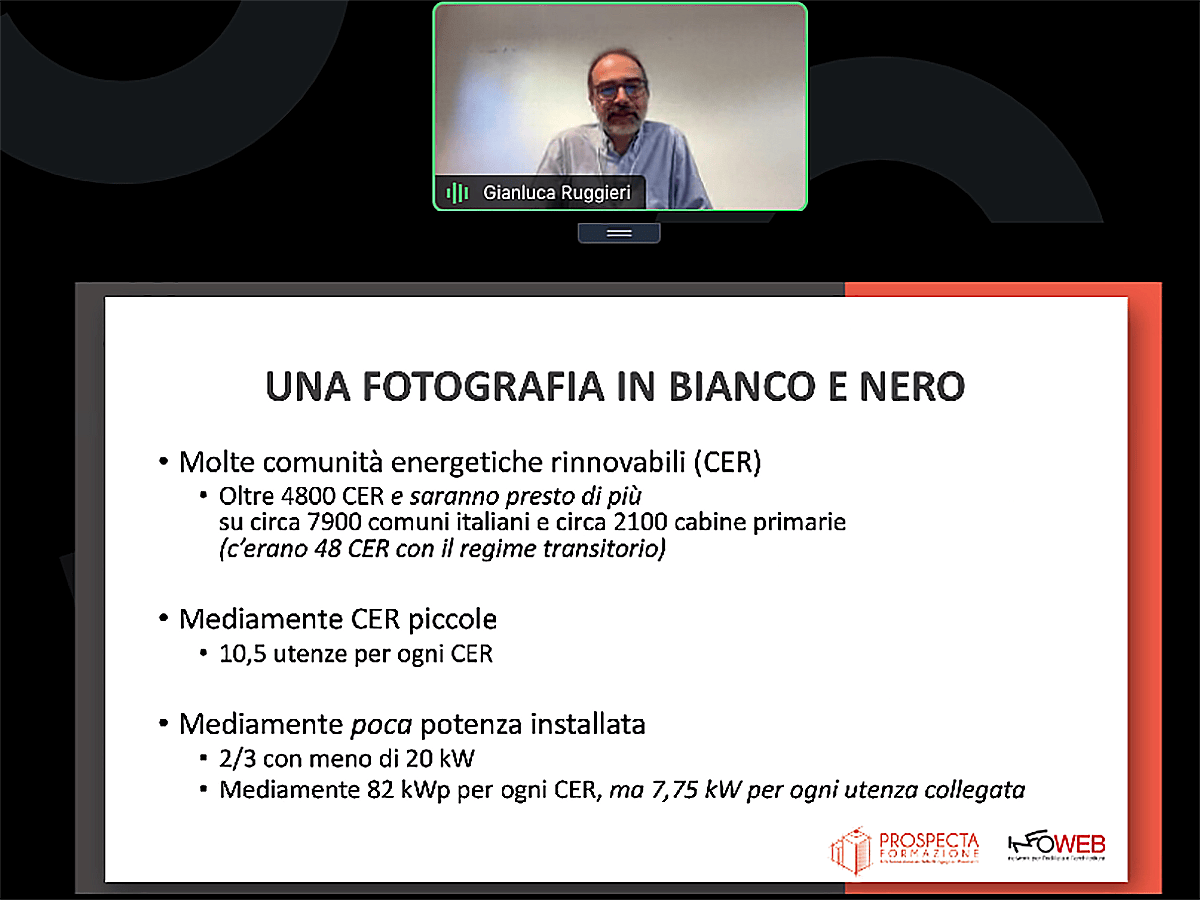 Un momento dell'intervento di Gianluca Ruggieri al convegno sulle Comunità energetiche in Italia organizzato da Infoweb - Prospecta Formazione Un momento dell'intervento di Gianluca Ruggieri al convegno sulle Comunità energetiche in Italia organizzato da Infoweb - Prospecta Formazione