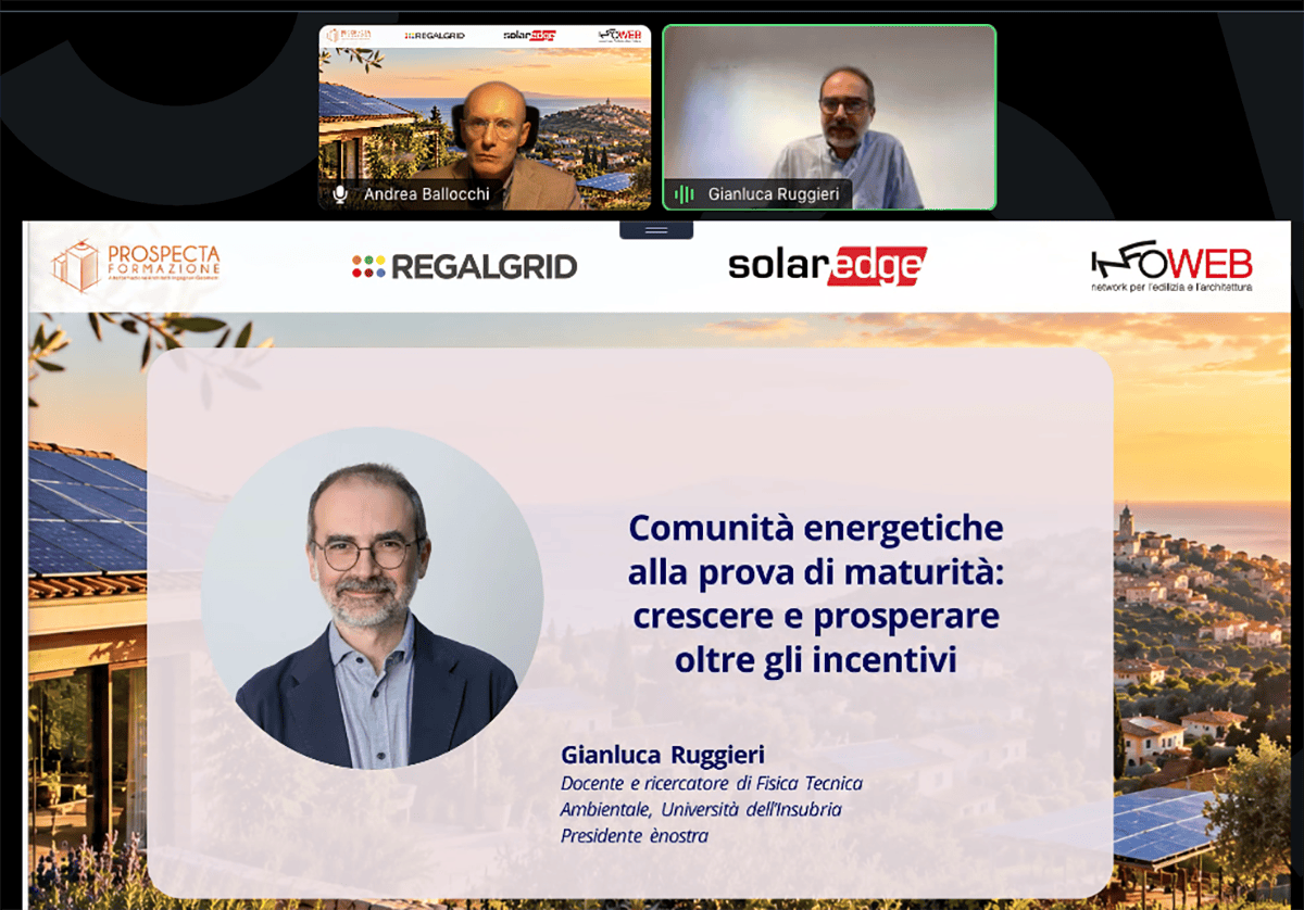Un momento dell'intervento di Gianluca Ruggieri al convegno sulle Comunità energetiche in Italia organizzato da Infoweb - Prospecta Formazione Un momento dell'intervento di Gianluca Ruggieri al convegno sulle Comunità energetiche in Italia organizzato da Infoweb - Prospecta Formazione