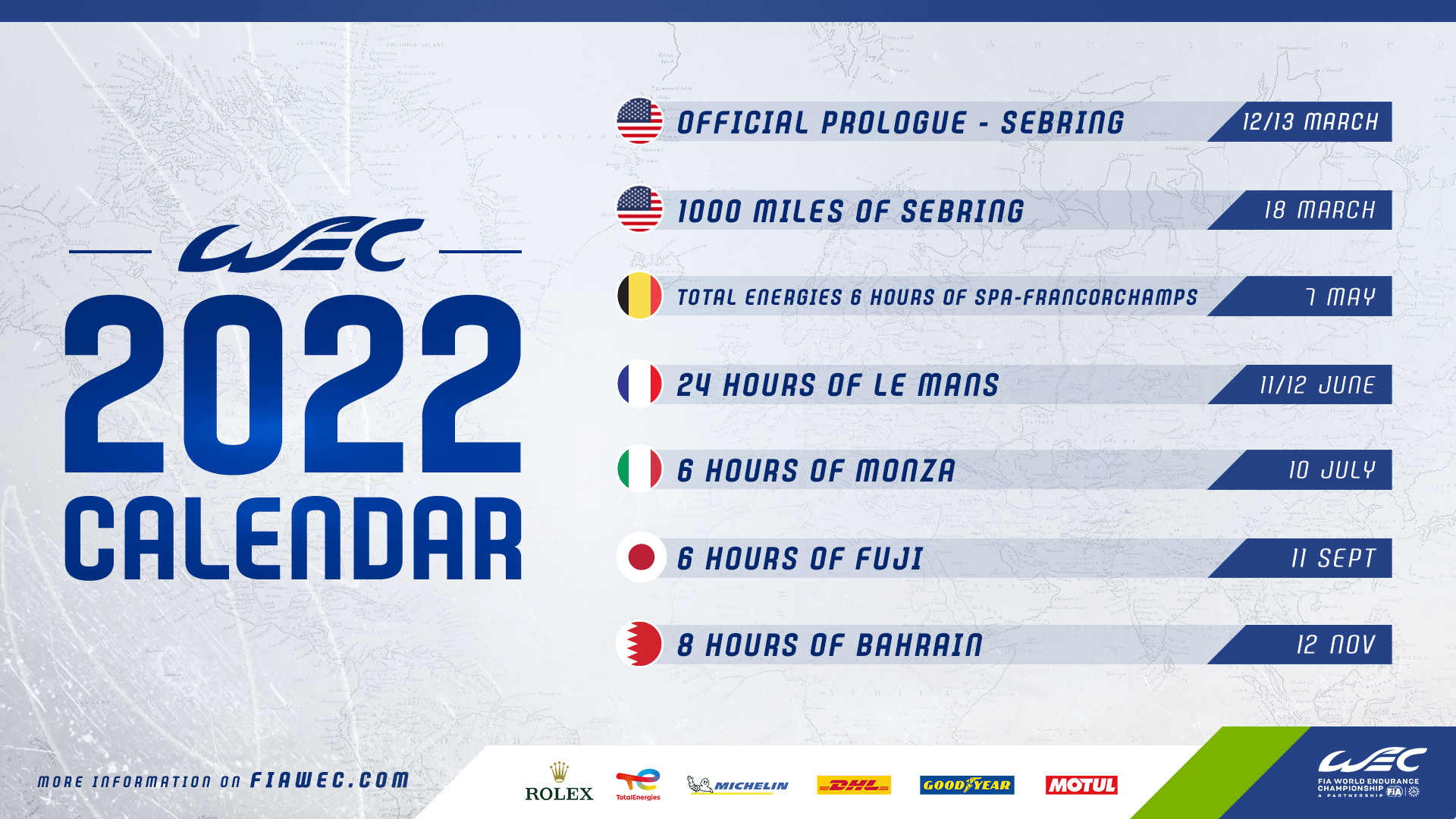 Web2023’s route heading towards the french riviera and cannes for the 32nd tour auto to take place from 16 to 23 april 2023! WEC â Svelato il calendario 2022: 6 gare con Sebring e Monza con un