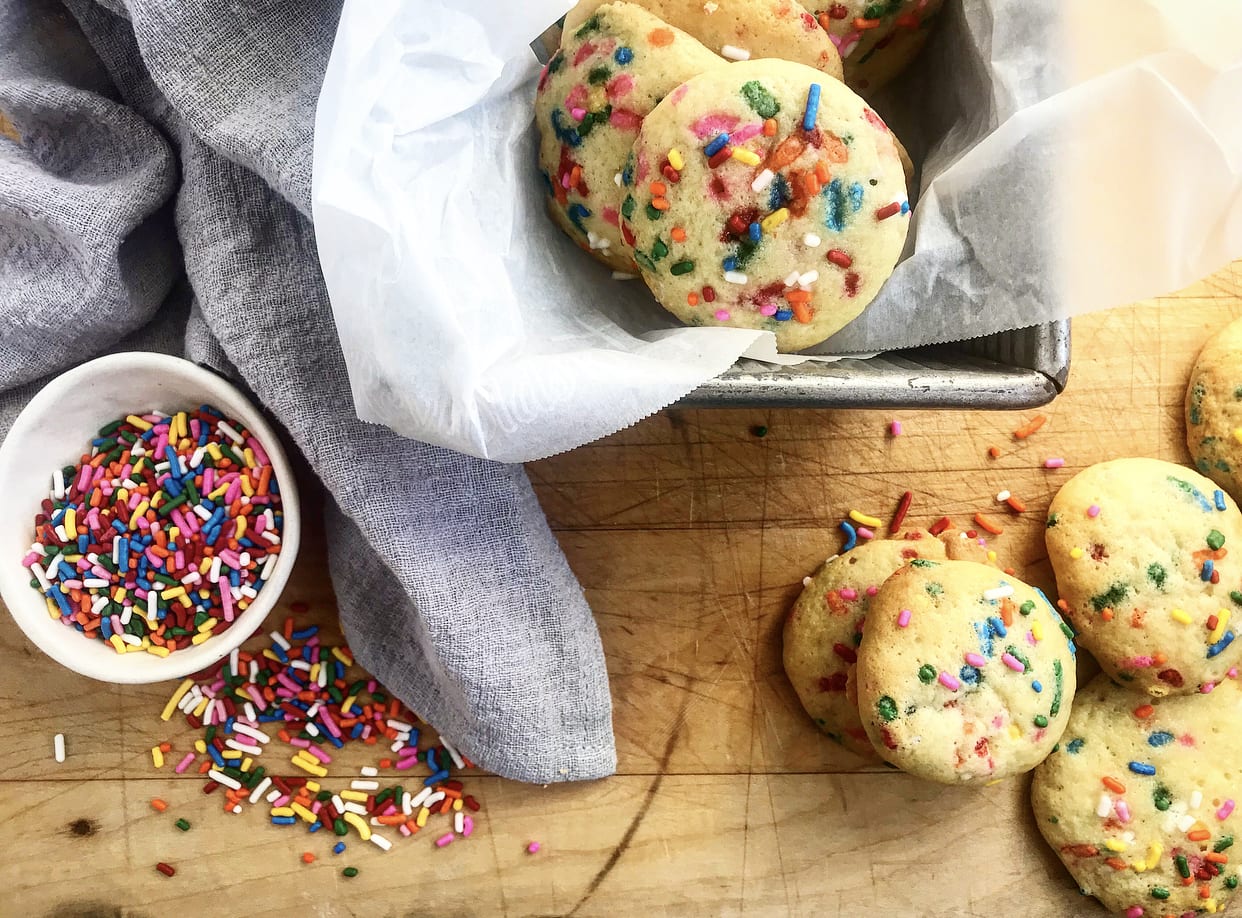 Add the salt and flour and mix until well combined, then stir in the mini chocolate chips. Rainbow Cake Cookies Recipe Jessie Sheehan Bakes