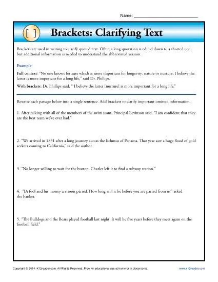 Perfect for common core standards for language for 6th and 7th grades, . Brackets Clarifying Text Punctuation Worksheets