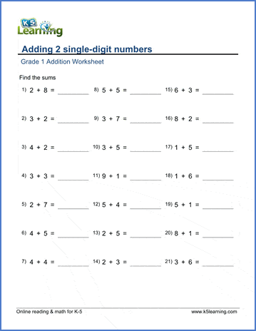 Looking for worksheets to teach addition to your child? Grade 1 Math Worksheet Add 2 Single Digit Numbers Sum 10 Or Less K5 Learning