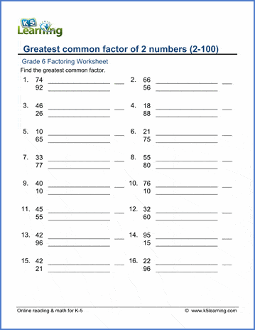 grade 6 math worksheet factoring greatest common factor of 2 numbers