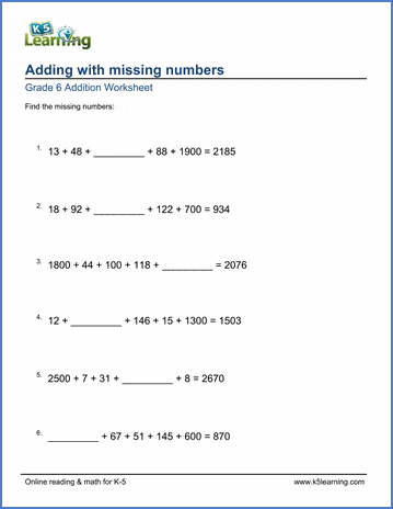 grade 6 math worksheet adding 5 addends with missing number k5 learning