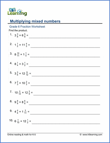 grade 6 math worksheet fractions multiplying mixed