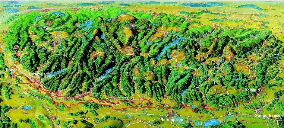 Map of the harz mountains. Panoramakarte vom Verlauf des Karstwanderwegs