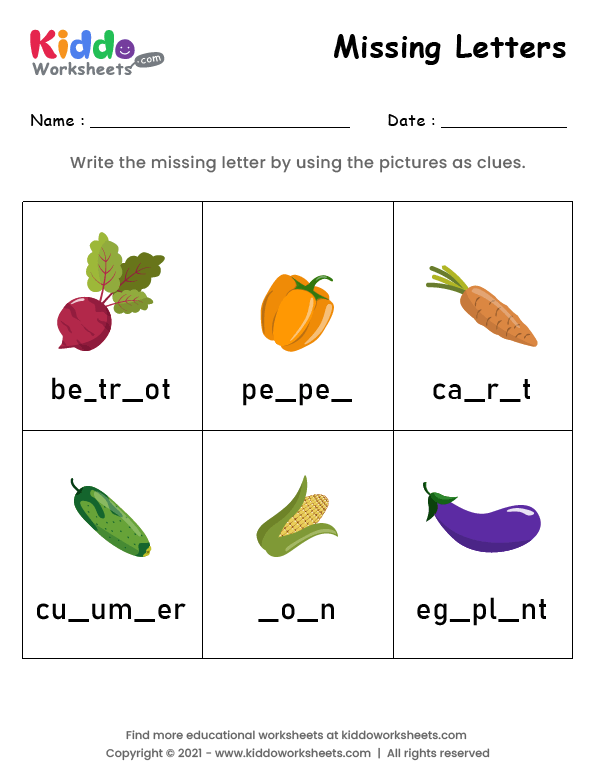 free printable missing letters vegetables worksheet kiddoworksheets