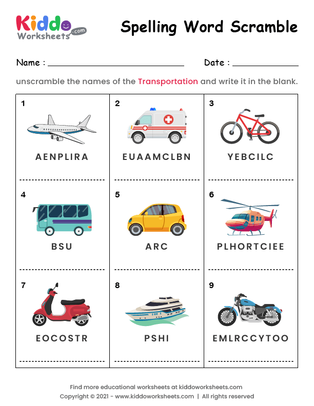 free printable word scramble transportation worksheet kiddoworksheets