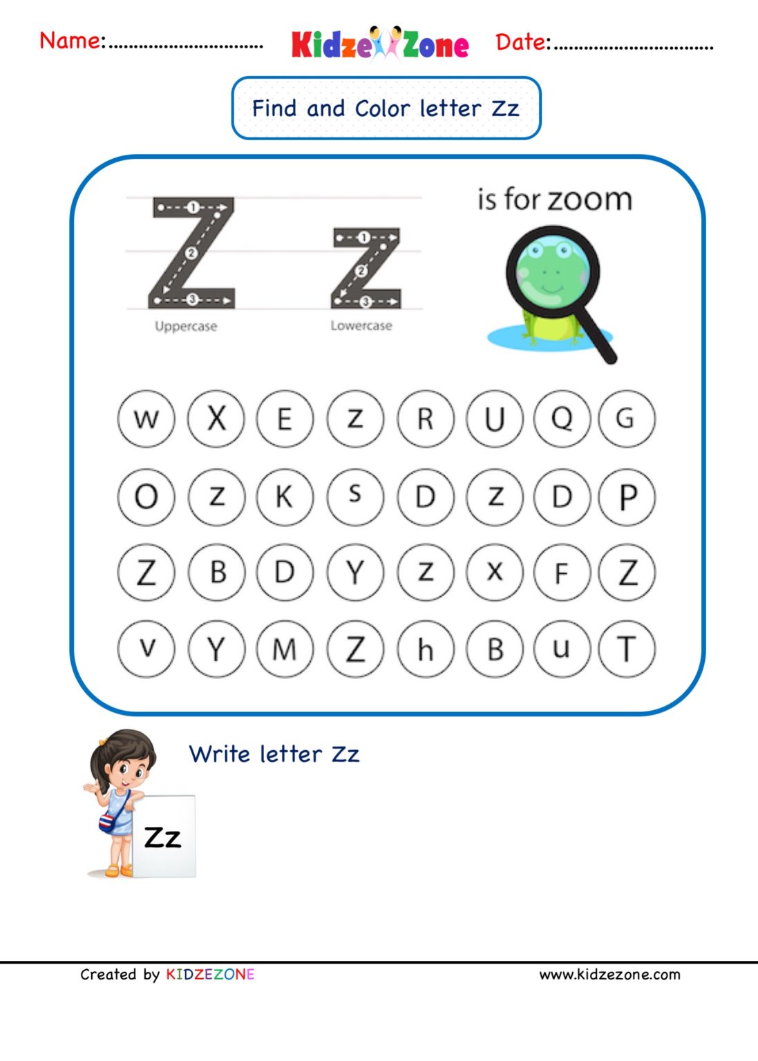 kindergarten letter z worksheets find and color kidzezone