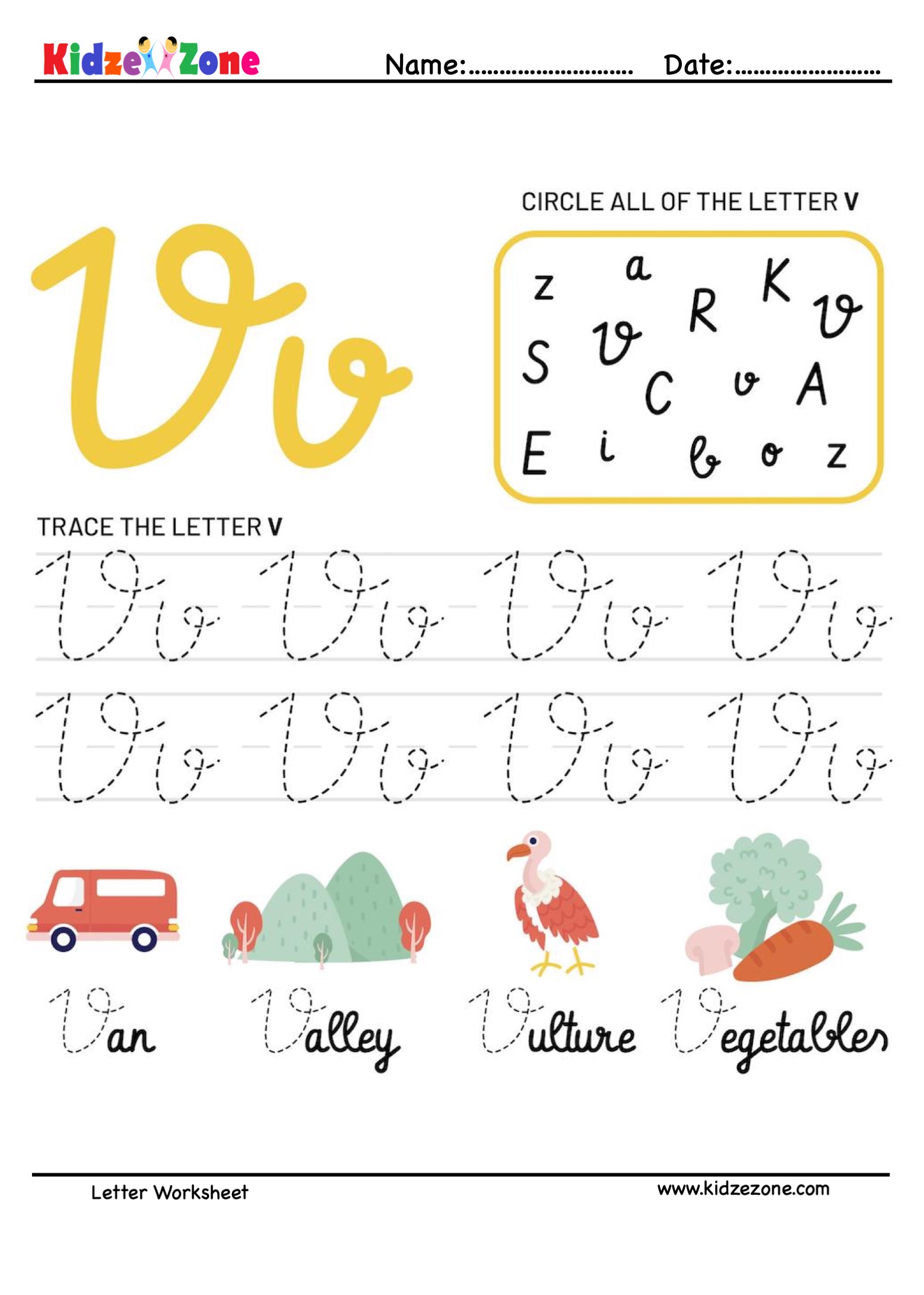 letter v tracing and fun worksheet kidzezone