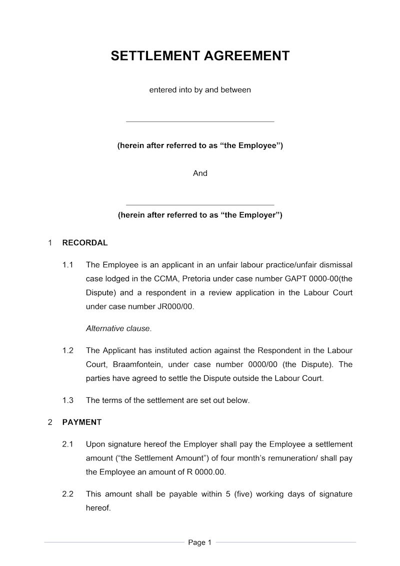 settlement agreement short document labour law south
