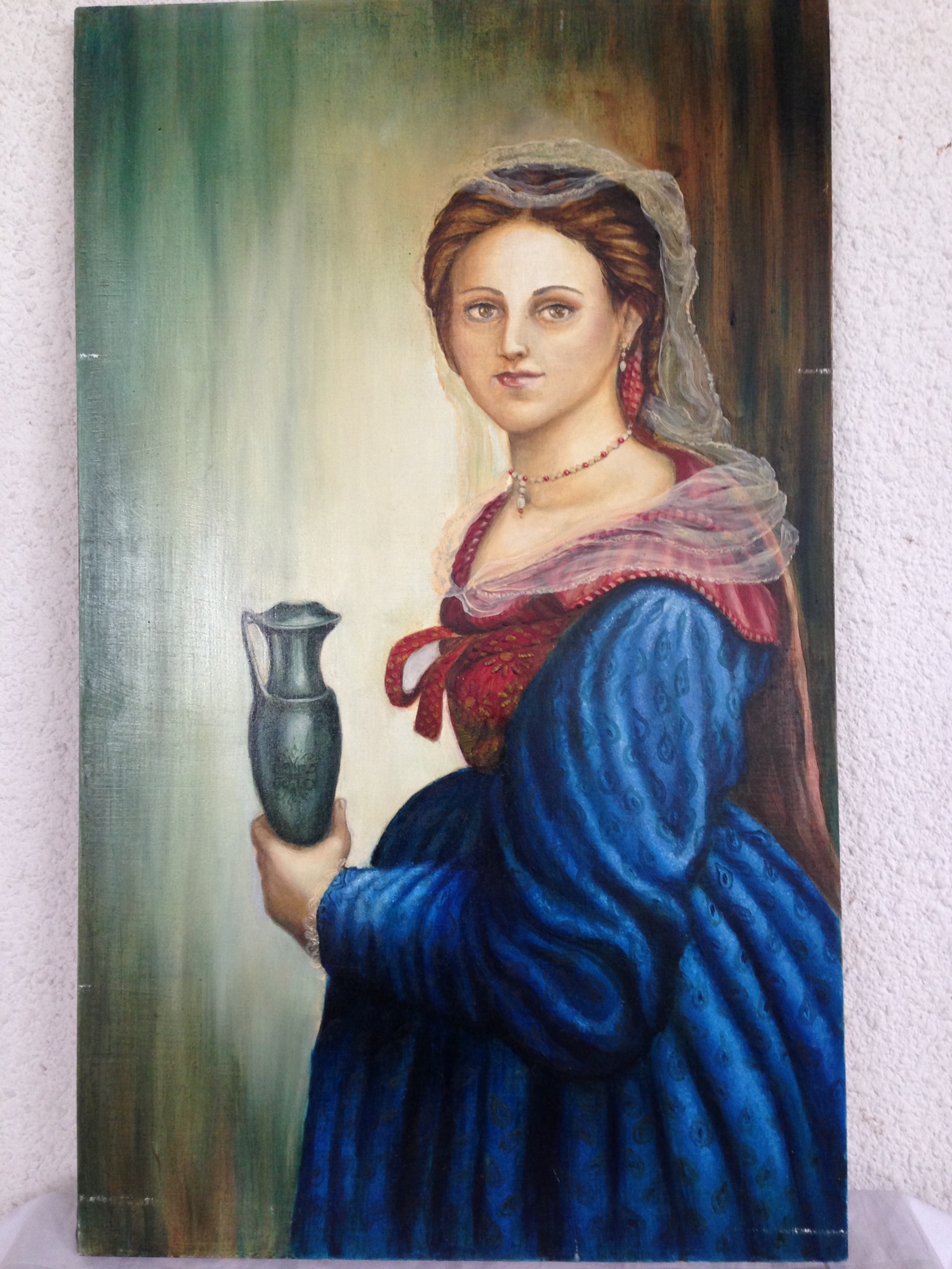 Modern Art Schilderij Op Hout Middeleeuwse Vrouw Landzicht Houtsberg
