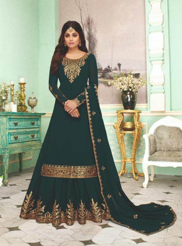 Bottle Green Embroidered Georgette 