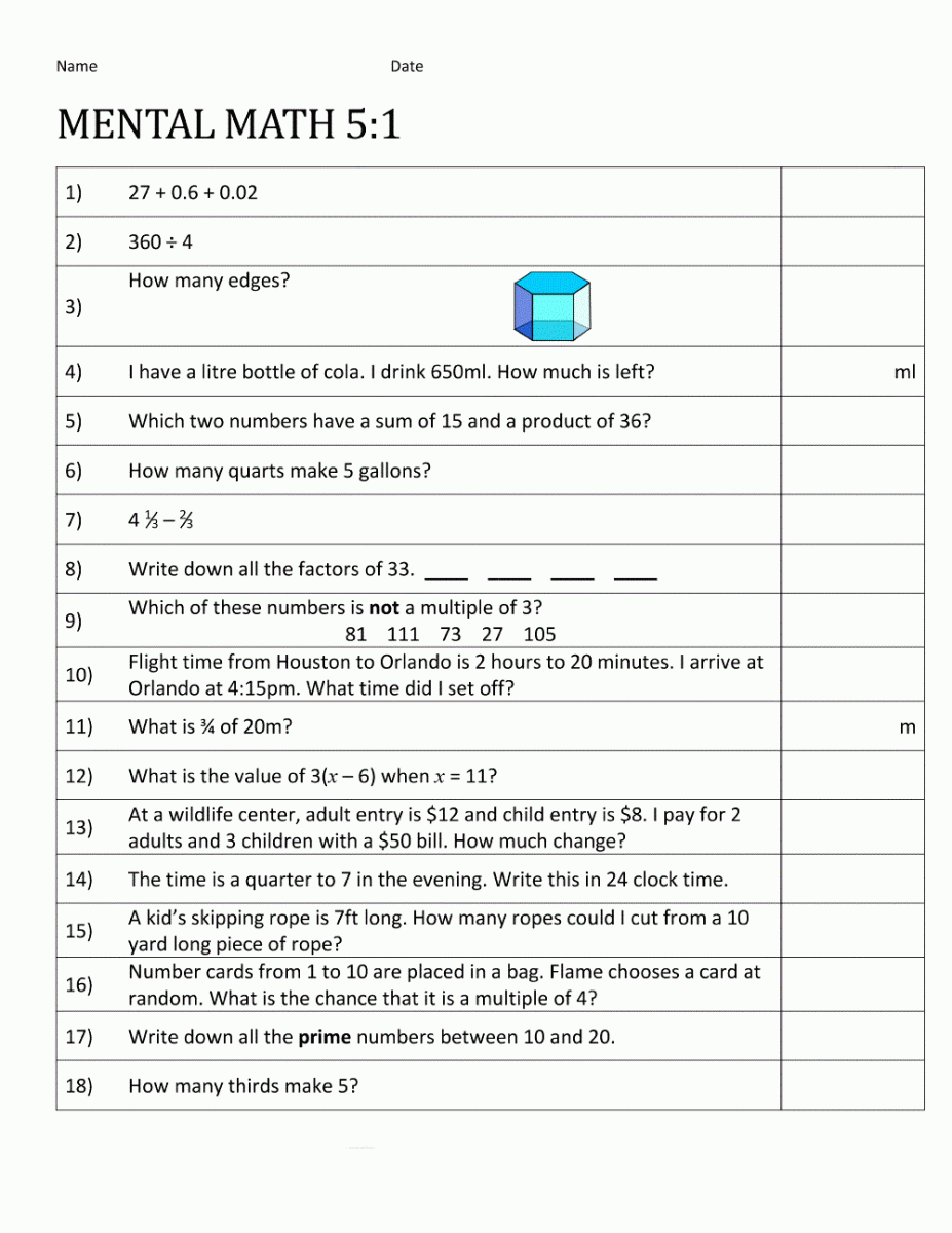 mental maths worksheets 5th learning printable