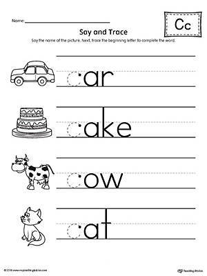 letter c words and pictures printable cards cat camel cow cougar