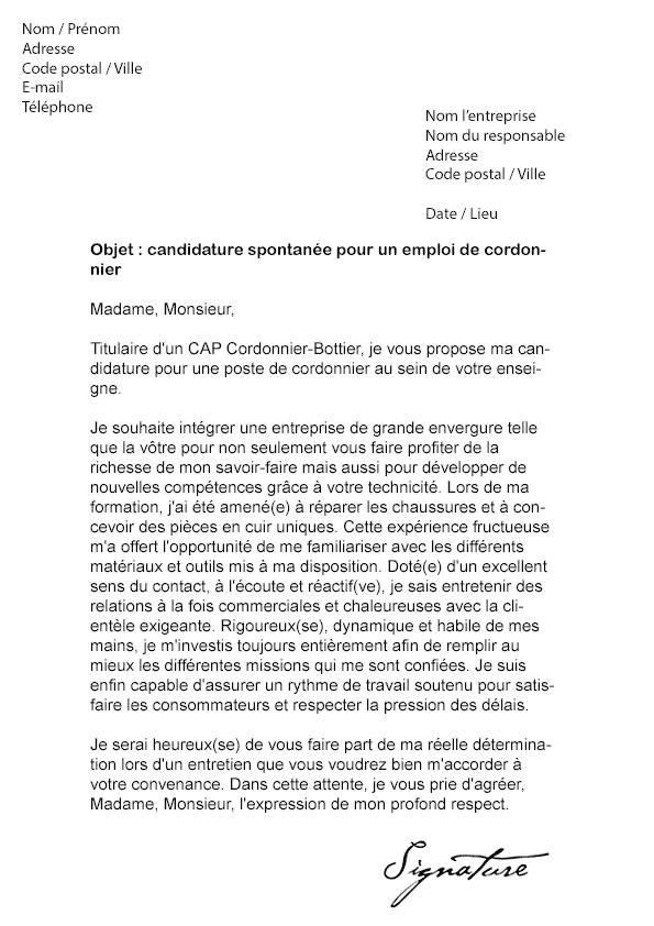 Un emploi se libère au sein de votre entreprise ? Lettre de motivation Cordonnier - ModÃ¨le de Lettre