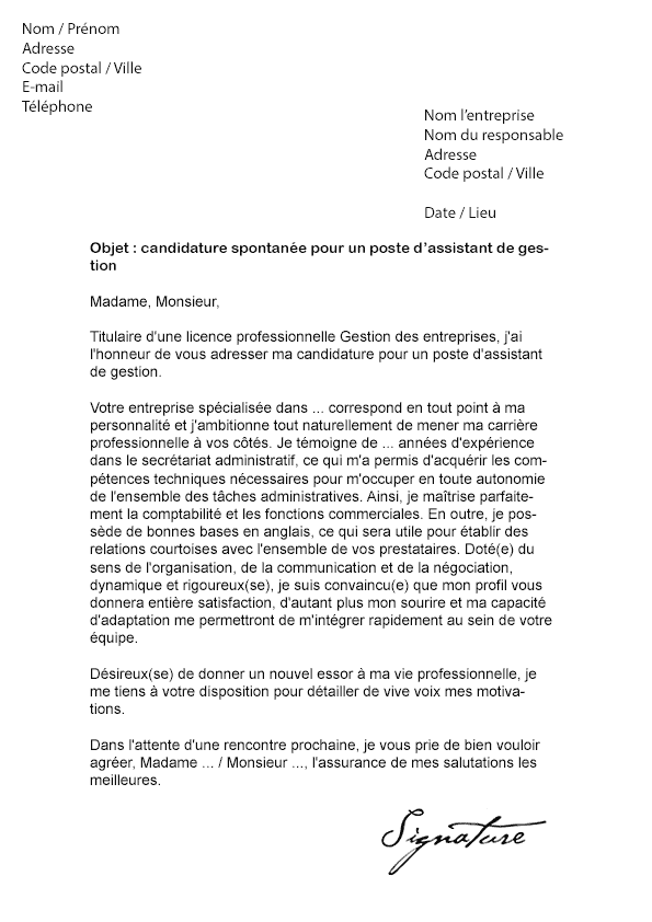Lettre de motivation Assistant de gestion - Modèle de Lettre